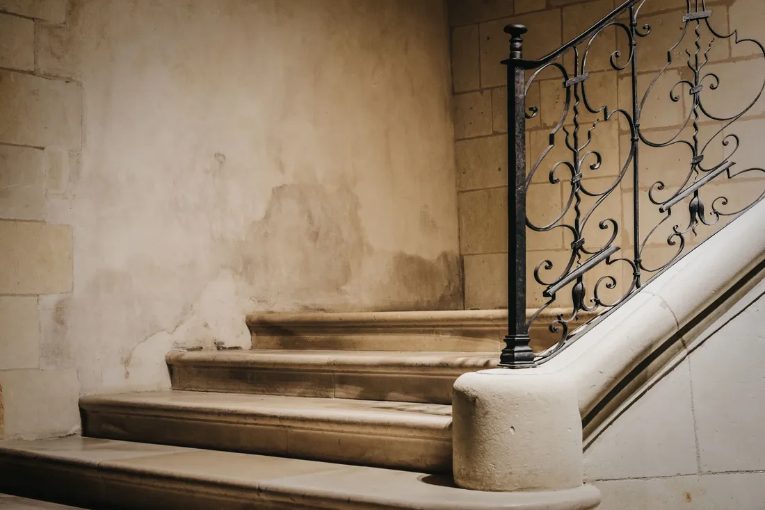 Départ d'escalier en pierre avec rampe en fer forgé, dans une maison ancienne