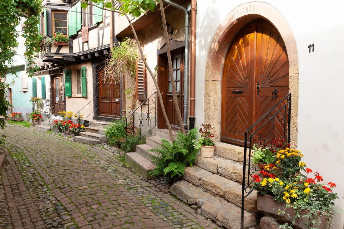 Marches de pierre fleuries devant une porte en bois cintrée, dans une ruelle de village